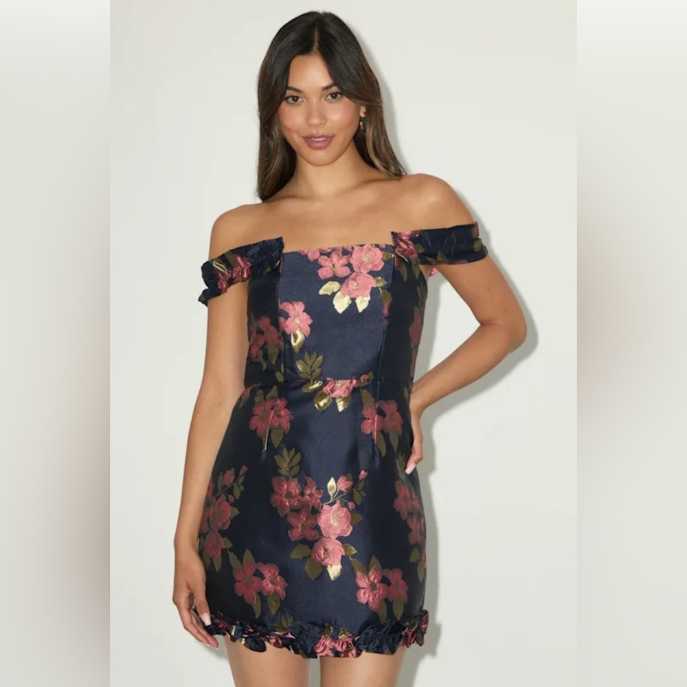 NWT Lulus Pop the Bottle Navy Blue Floral Ruffled Mini Dress | Size Medium